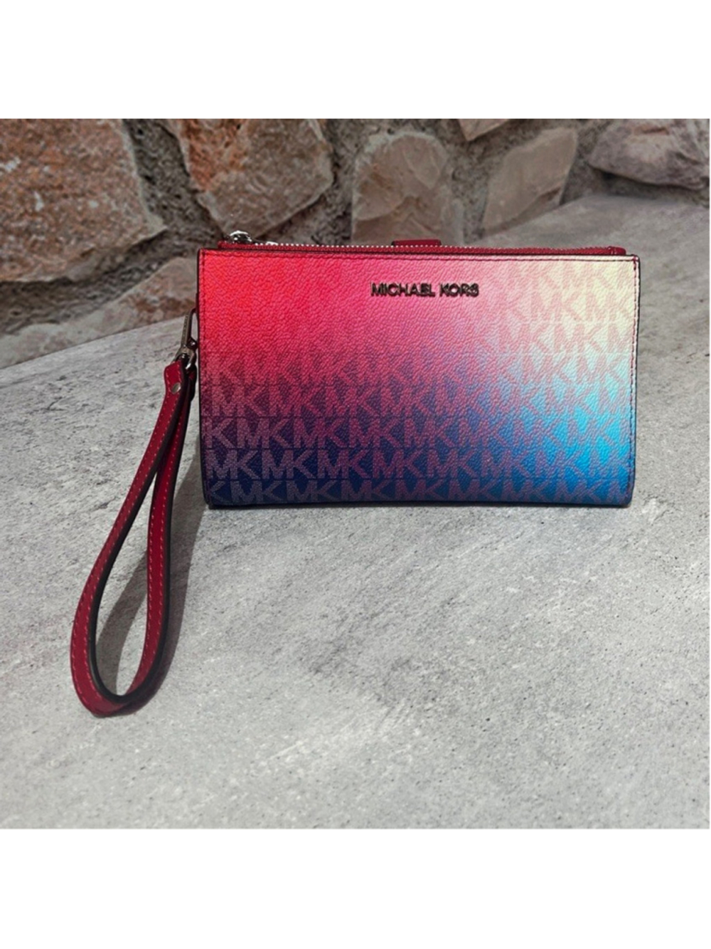 Michael Kors Double Zip Ombre Wristlet Wallet Red Blue Pink White Gradient Logo
